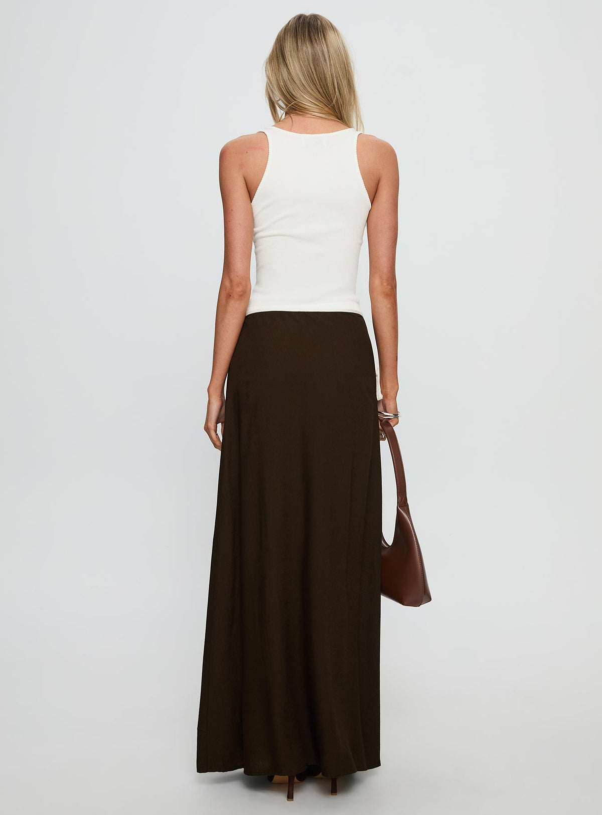back view of model wearing Princess Polly Keirah Contrast Wrap Maxi Skirt Chocolate / White Maxi Skirts Skirts 