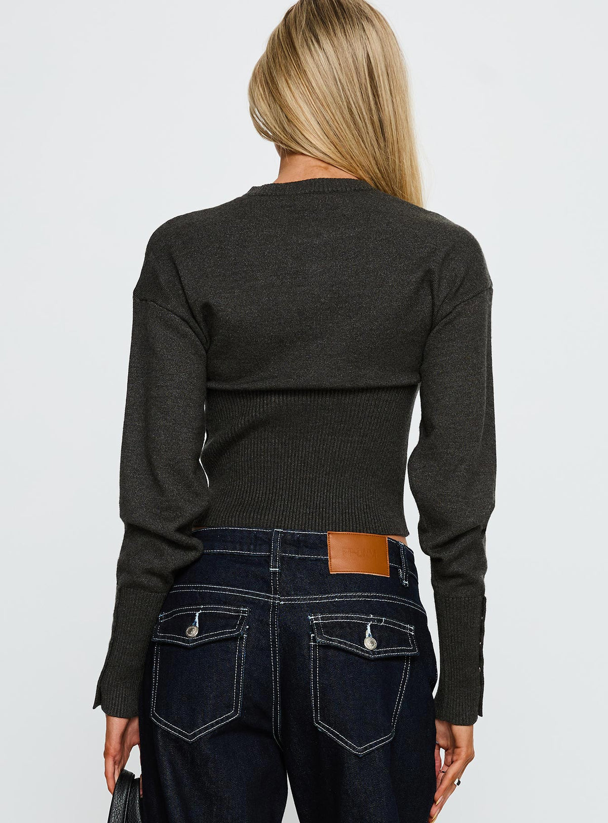 back view of model wearing Princess Polly Head In The Clouds Knit Cardigan Grey Argyle cropped Jumpers 