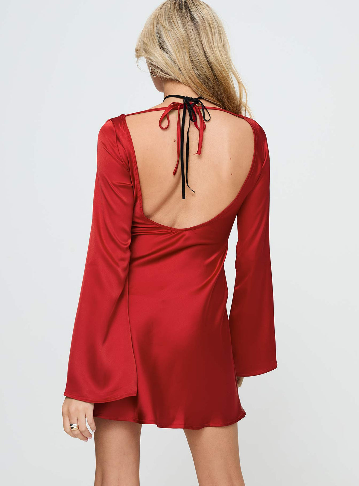 back view of model wearing Princess Polly Lukea Long Sleeve Satin Mini Dress Red Boat Neck 