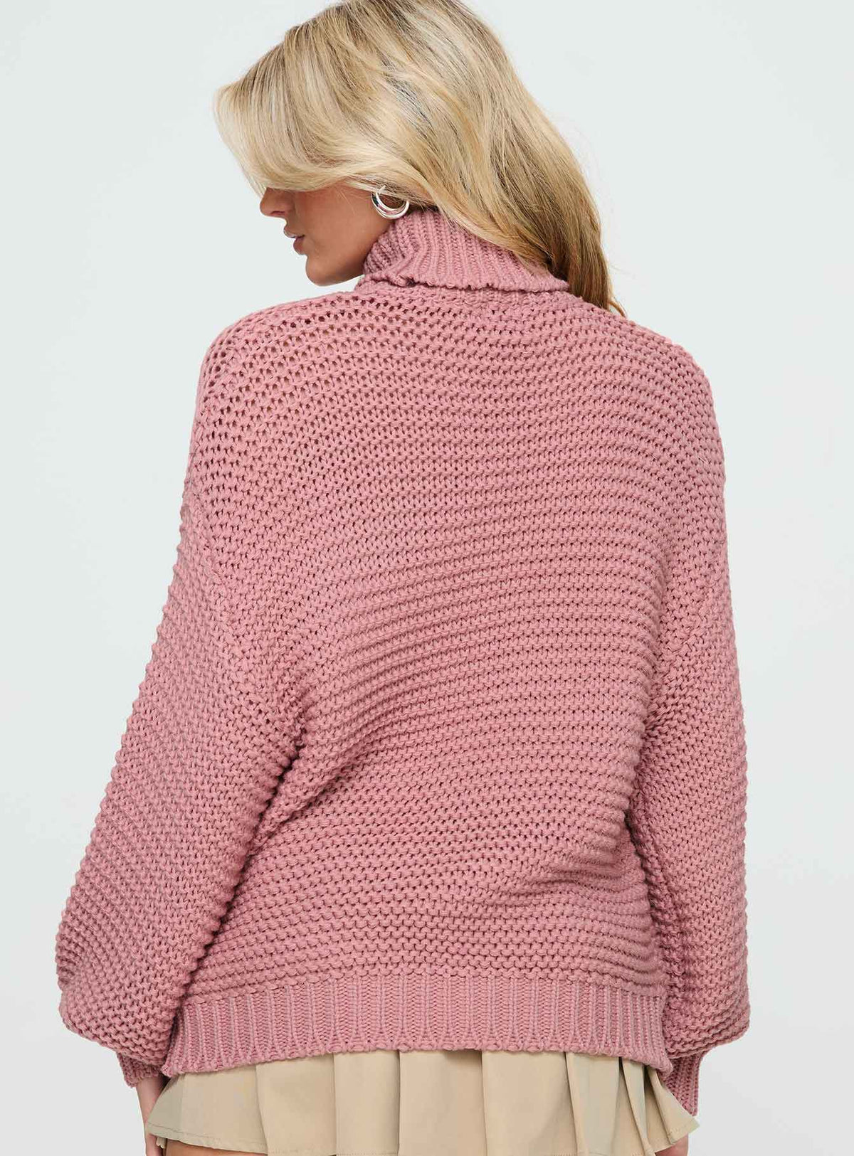 back view of model wearing Princess Polly Hayworth Turtle Neck Sweater Pink Longline Jumpers Jumpers 
