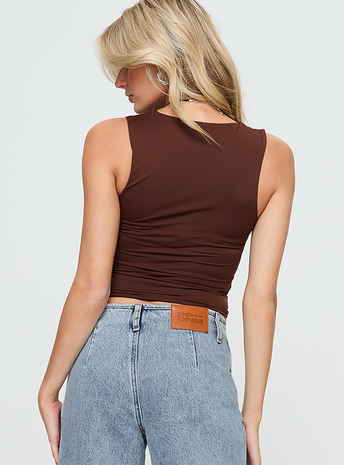 back view of model wearing Princess Polly Back In Time Top Brown Sleeveless Square Neck 