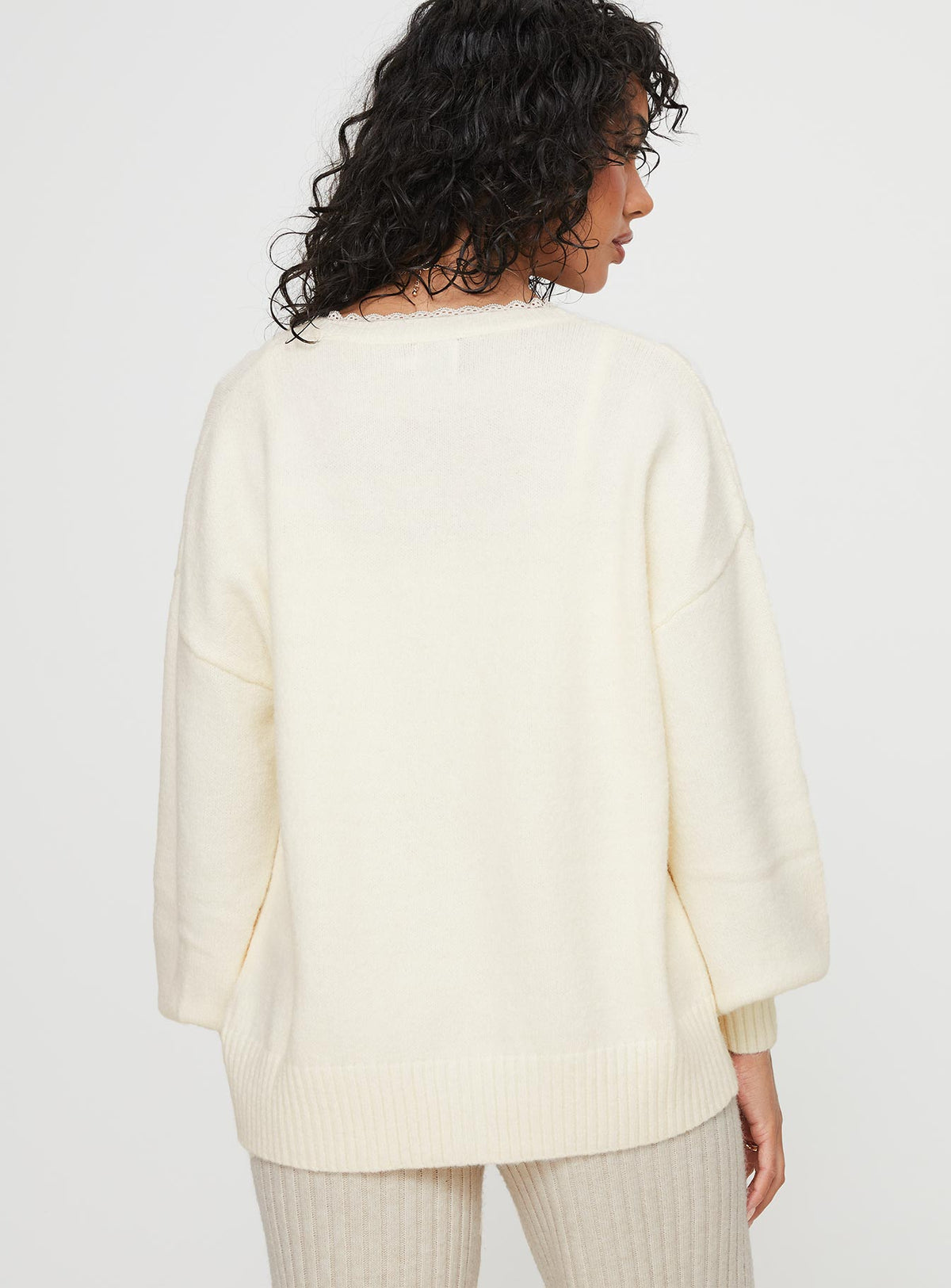 back view of model wearing Princess Polly Oakleigh Cardigan Cream Longline Jumpers Jumpers 