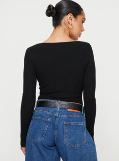 back view of model wearing Princess Polly Zuma Long Sleeve Bodysuit Black Long Sleeve Tops Bodysuit 