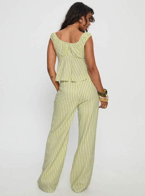 back view of model wearing Princess Polly With Pleasure Tie Side Pant Green / Blue Stripe Mid Rise Pants Pants 