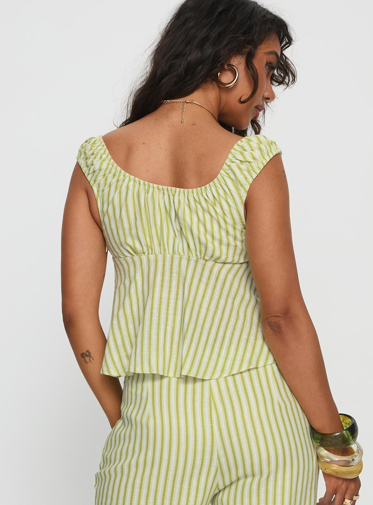 With Pleasure Puff Sleeve Linen Blouse Top Green / Blue Stripe
