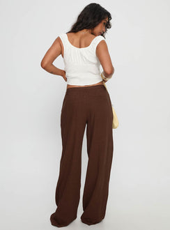 back view of model wearing Princess Polly Vianca Low Rise Linen Pant Chocolate High Rise Pants Pants 