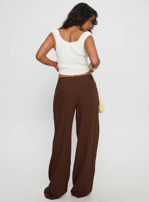 back view of model wearing Princess Polly Vianca Low Rise Linen Pant Chocolate High Rise Pants Pants 