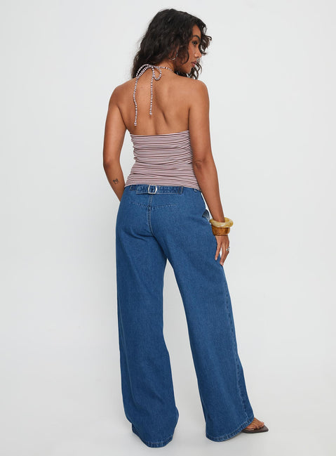 back view of model wearing Princess Polly Polaris Mid Rise Straight Leg Jeans Mid Blue Mid Rise Jeans Jeans 