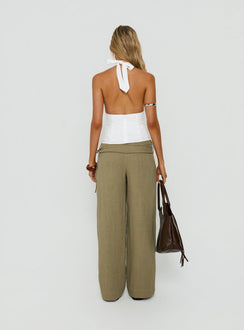 Presenting the Silver Moon Linen Blend Tie Pants Olive Green womens-regular-pants with high-rise back view of model wearing Princess Polly