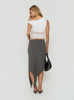 Displaying the Aviza Asymmetrical Midi Skirt Grey in womens-skirts with fitted fit back view of model wearing Princess Polly
