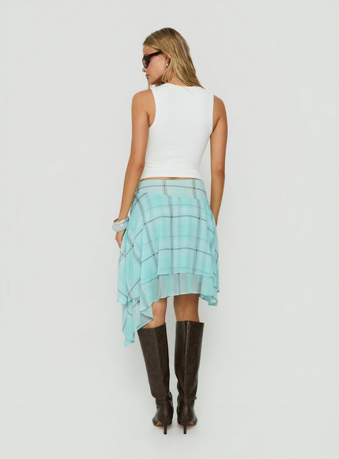 Designed with the Ophella Tie Waist Chiffon Midi Skirt Aqua Check in womens-skirts featuring midi length back view of model wearing Princess Polly