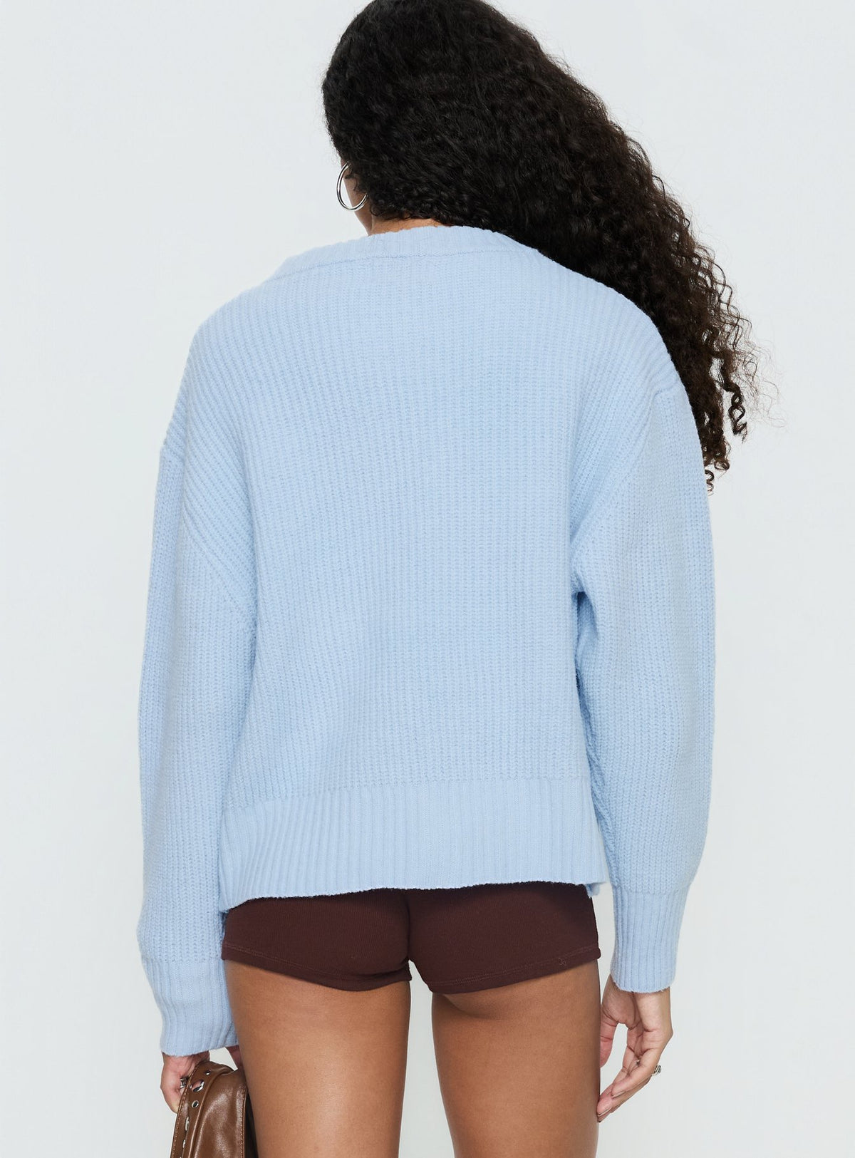 back view of model wearing Princess Polly Lexene Zip Through Jumper Baby Blue Longline Jumpers Jumpers 