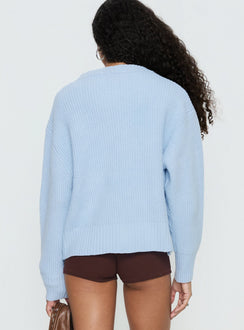back view of model wearing Princess Polly Lexene Zip Through Jumper Baby Blue Longline Jumpers Jumpers 