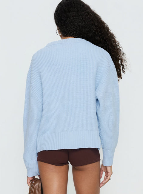 back view of model wearing Princess Polly Lexene Zip Through Jumper Baby Blue Longline Jumpers Jumpers 