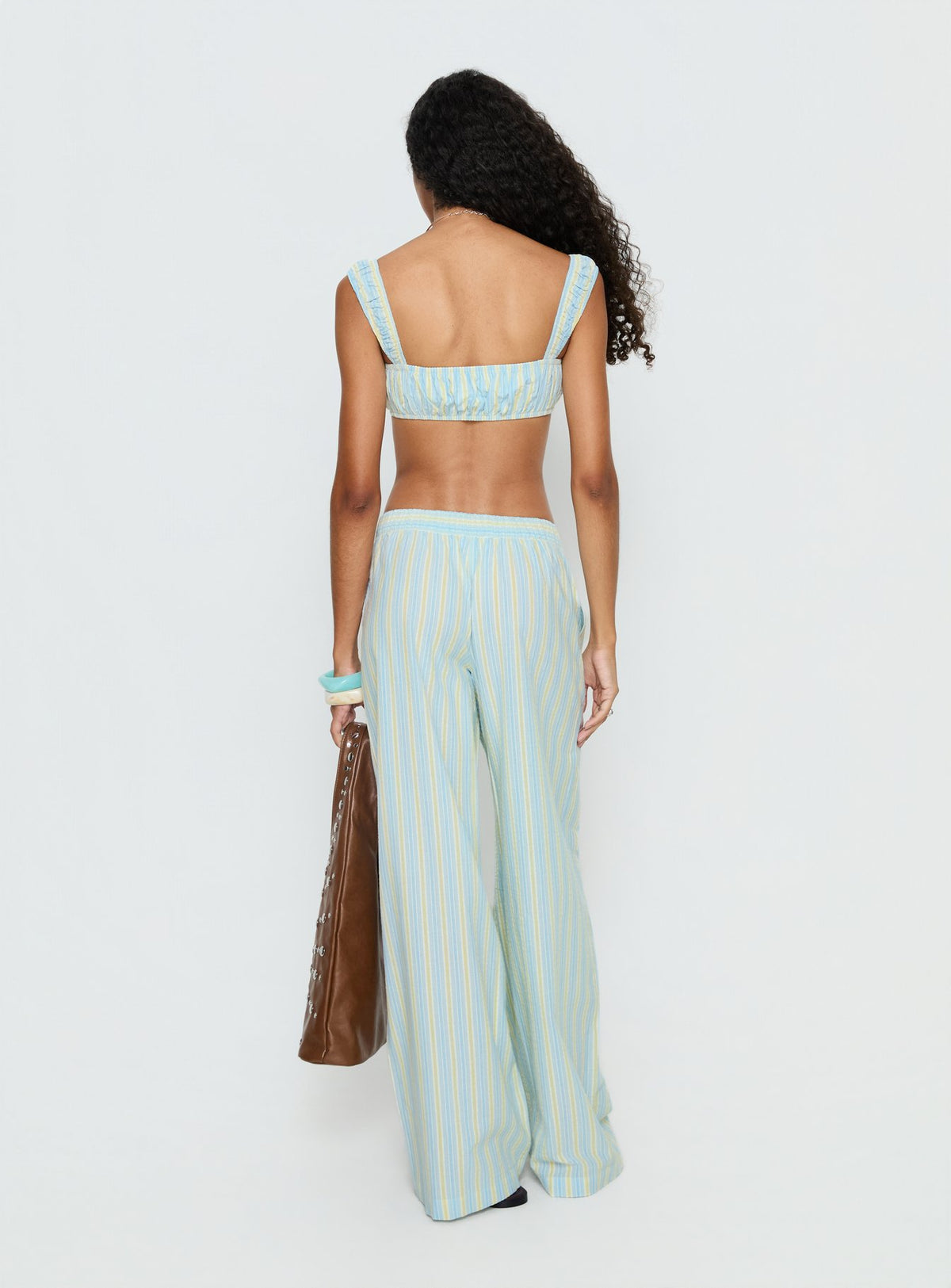 back view of model wearing Princess Polly Talyssa Elasticated Waist Pants Blue Stripe Mid Rise Pants Pants 