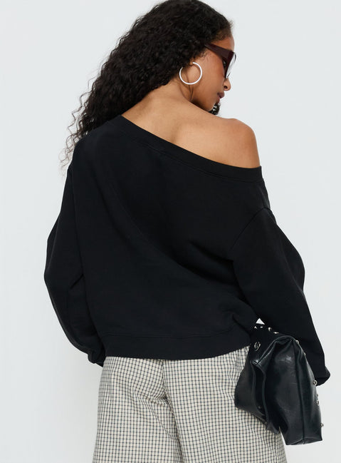 back view of model wearing Princess Polly Wellness Off the Shoulder Jumper Washed Black Longline Jumpers Jumpers 