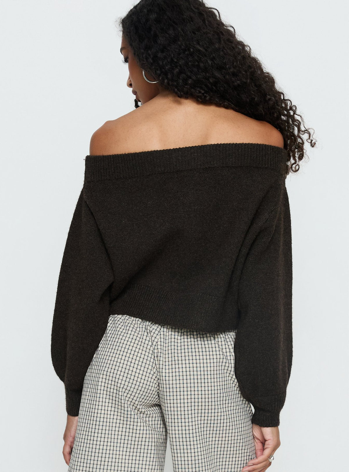 back view of model wearing Princess Polly Ortensa Off Shoulder Zip Through Jumper Brown Jumpers 