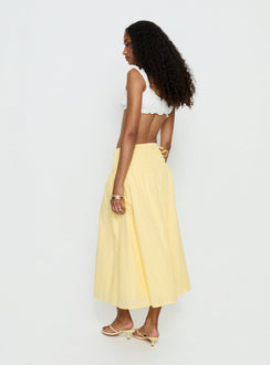 back view of model wearing Princess Polly Vence Ruched Maxi Skirt Lemon Yellow Maxi Skirts Skirts 