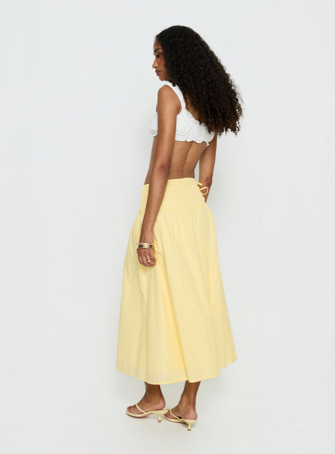 back view of model wearing Princess Polly Vence Ruched Maxi Skirt Lemon Yellow Maxi Skirts Skirts 