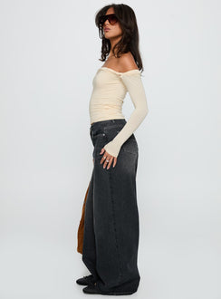 Explore Naylor Wide Leg Jeans Grey Wash Petite womens-jeans with high-rise side view of model wearing