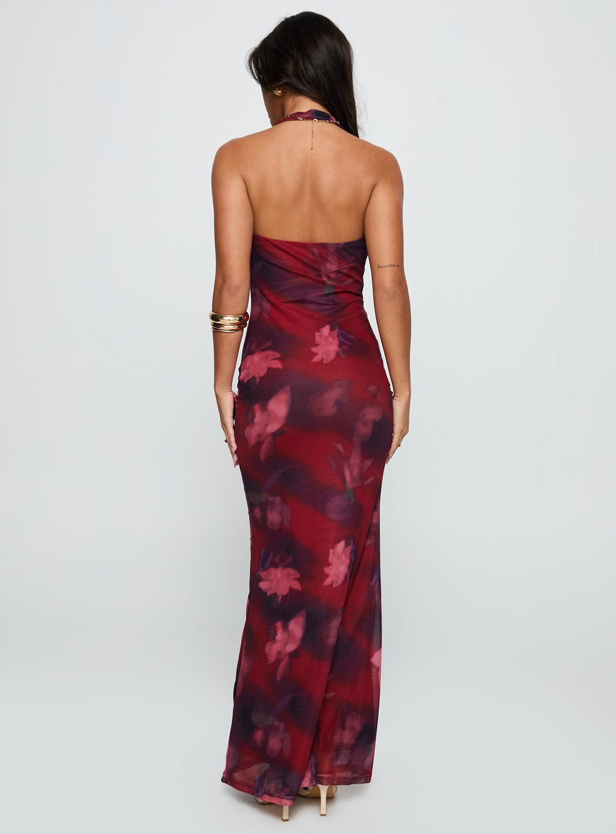back view of model wearing Princess Polly Vixyn Halter Maxi Dress Red Multi Cowl Neck 