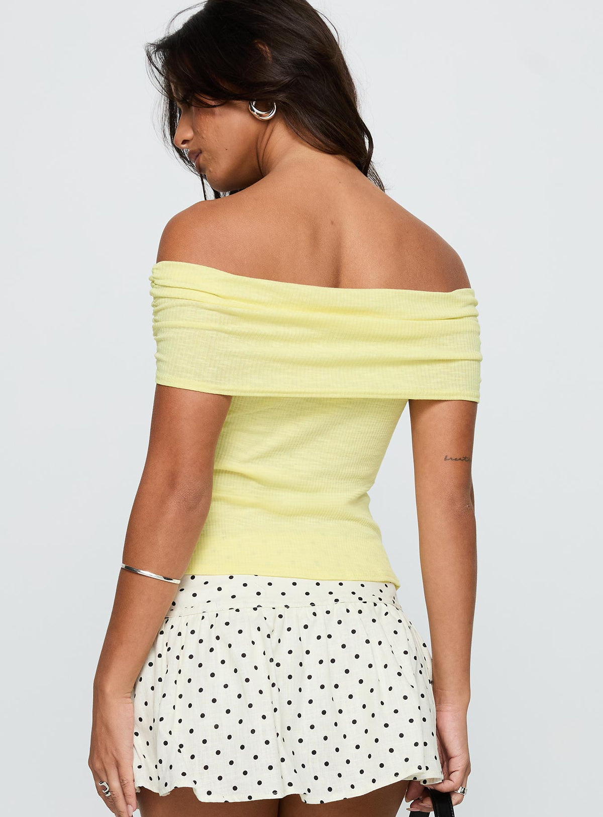 back view of model wearing Princess Polly Azusa Off The Shoulder Top Yellow Short Sleeves straight 