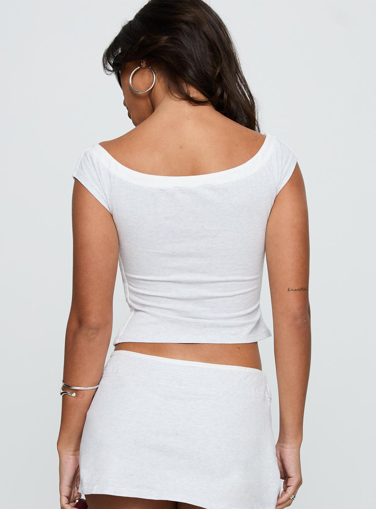 back view of model wearing Princess Polly 98 Baby Off the Shoulder Top Grey Marle Short Sleeves Boat Neck 