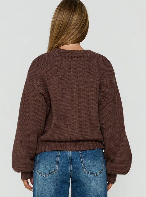 Explore the Edern Cardigan Chocolate womens-jumpers in short length back view of model wearing Princess Polly
