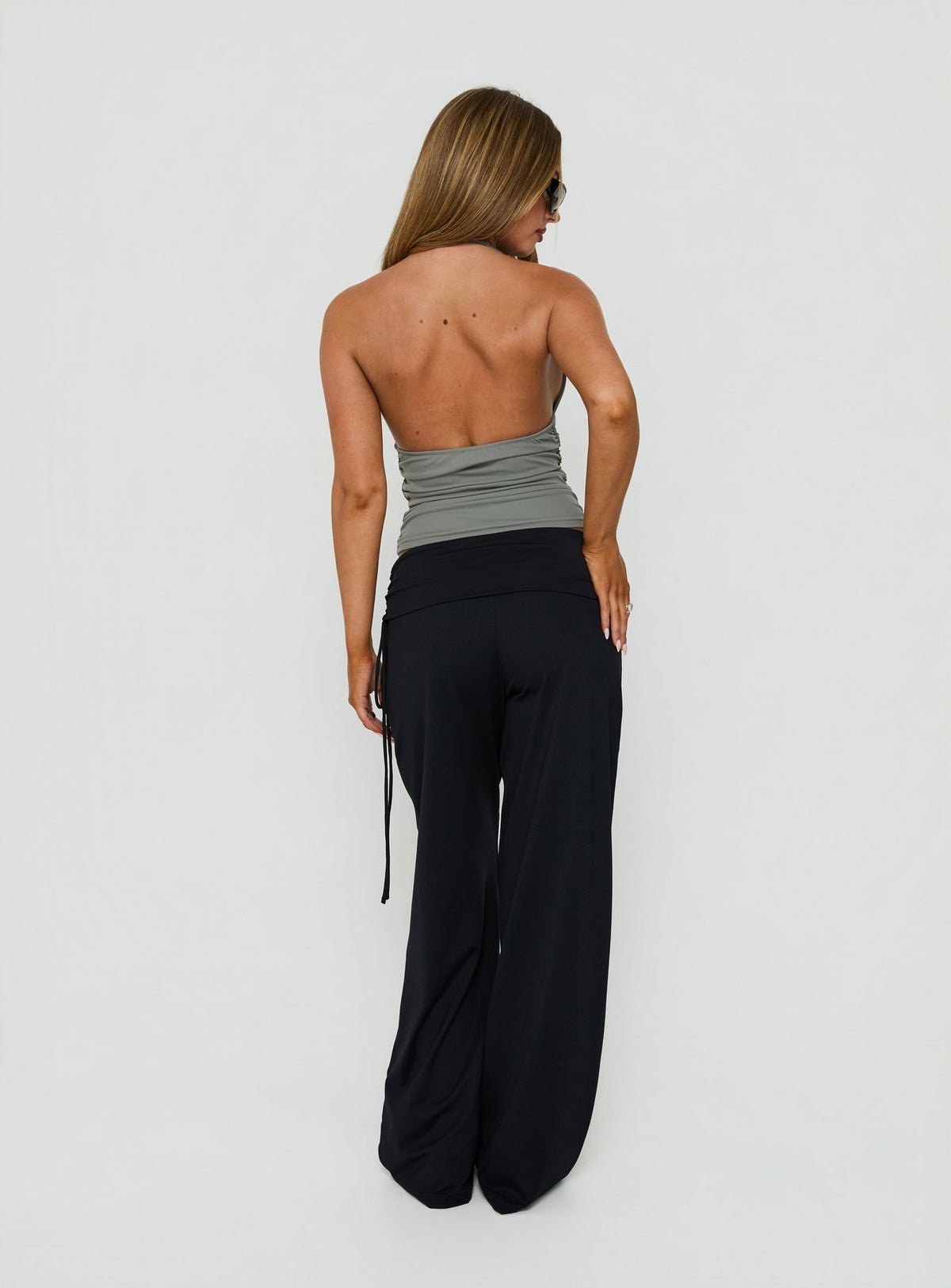 Designed with Daily Define Ruched Tie Side Pants Black Tall womens-regular-pants in high-rise back view of model wearing