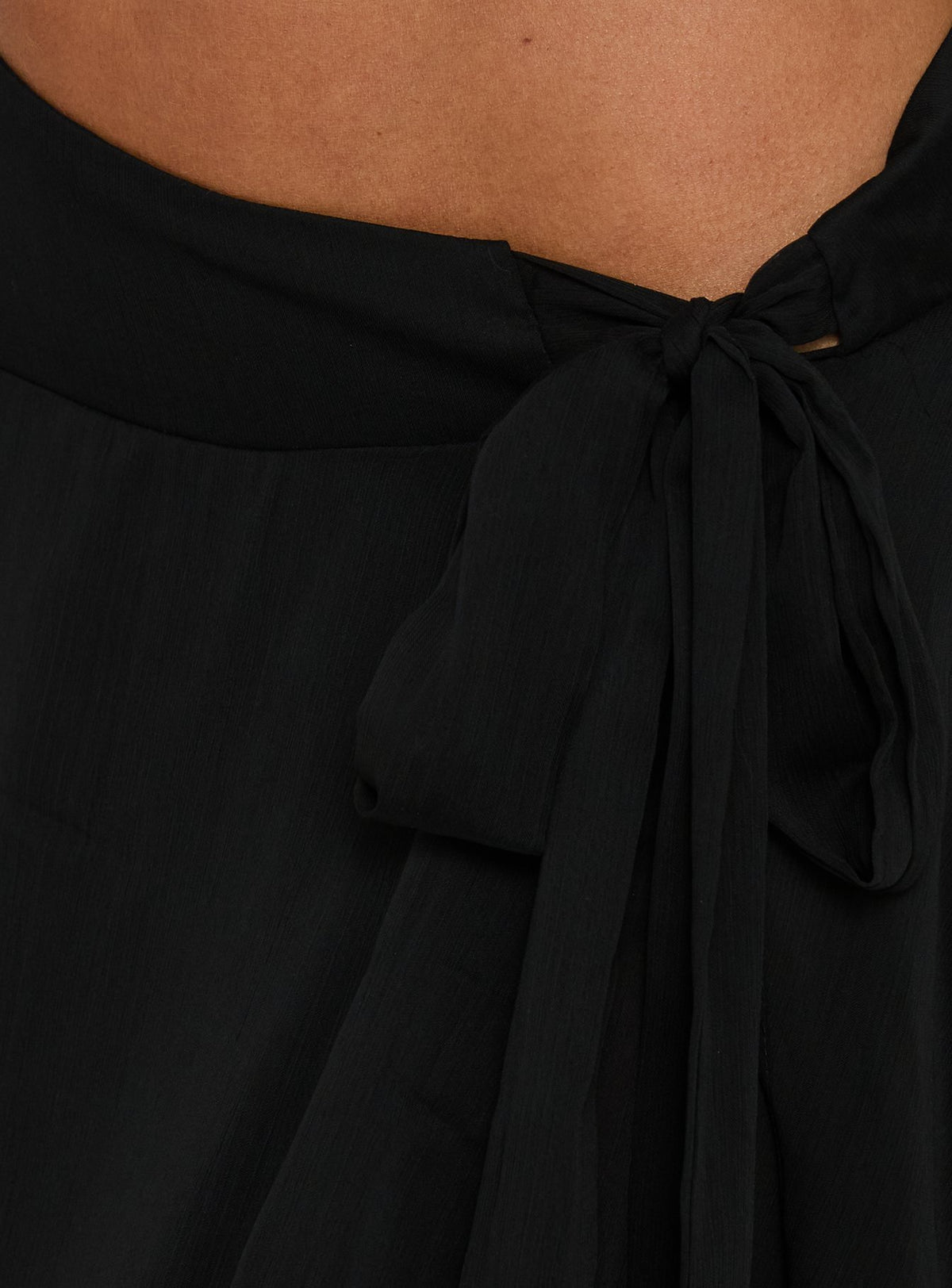 Crafted with the Ophella Tie Waist Chiffon Midi Skirt Black Petite womens-skirts in midi length detail view Princess Polly