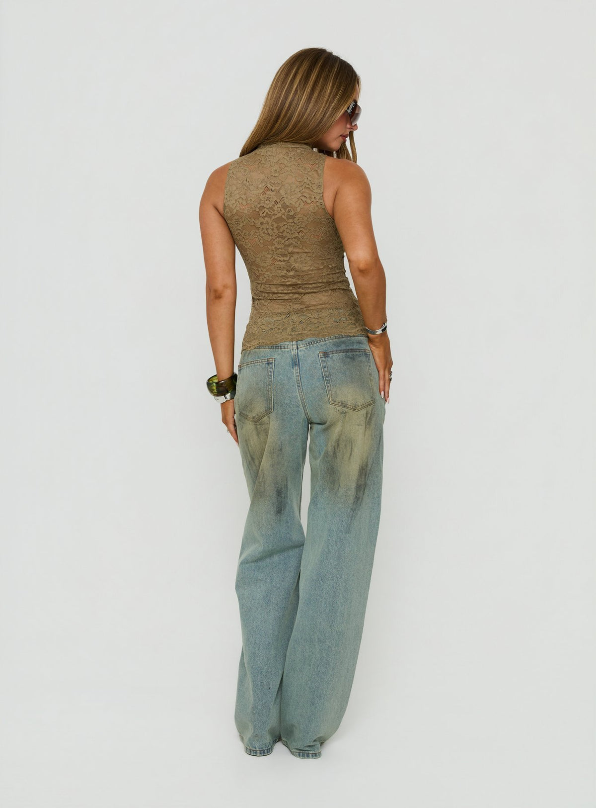 Presenting Top Model Jean Stone Blue womens-jeans in high-rise styling back view of model wearing Princess Polly