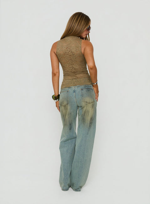 Presenting Top Model Jean Stone Blue womens-jeans in high-rise styling back view of model wearing Princess Polly