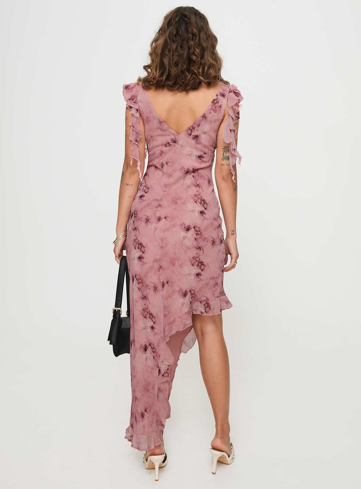 back view of model wearing Princess Polly Vestige Midi Dress Pink Plunger 