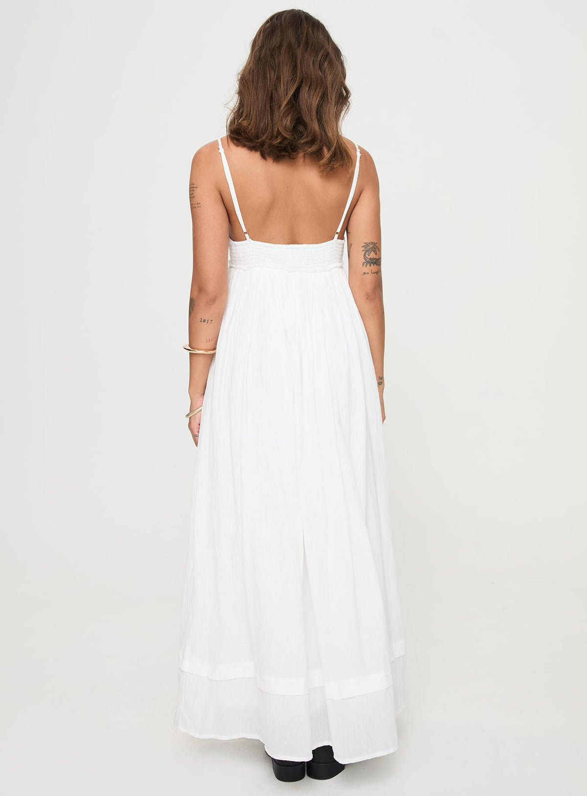 back view of model wearing Princess Polly Eriksson Maxi Dress White Plunger 
