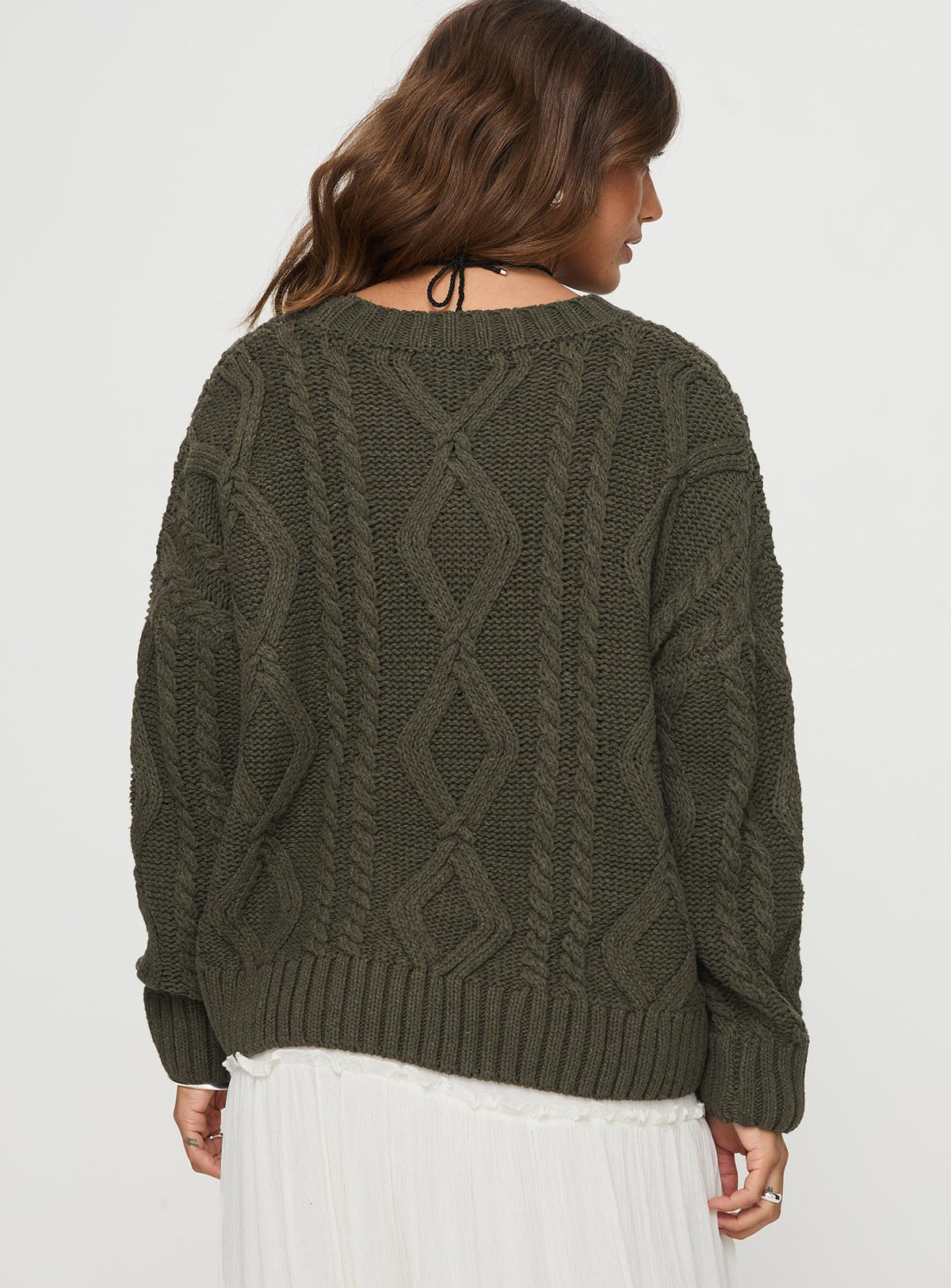 back view of model wearing Princess Polly Anaya Oversized Sweater Olive Longline Jumpers Jumpers 