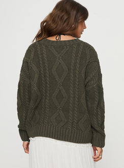 back view of model wearing Princess Polly Anaya Oversized Sweater Olive Longline Jumpers Jumpers 