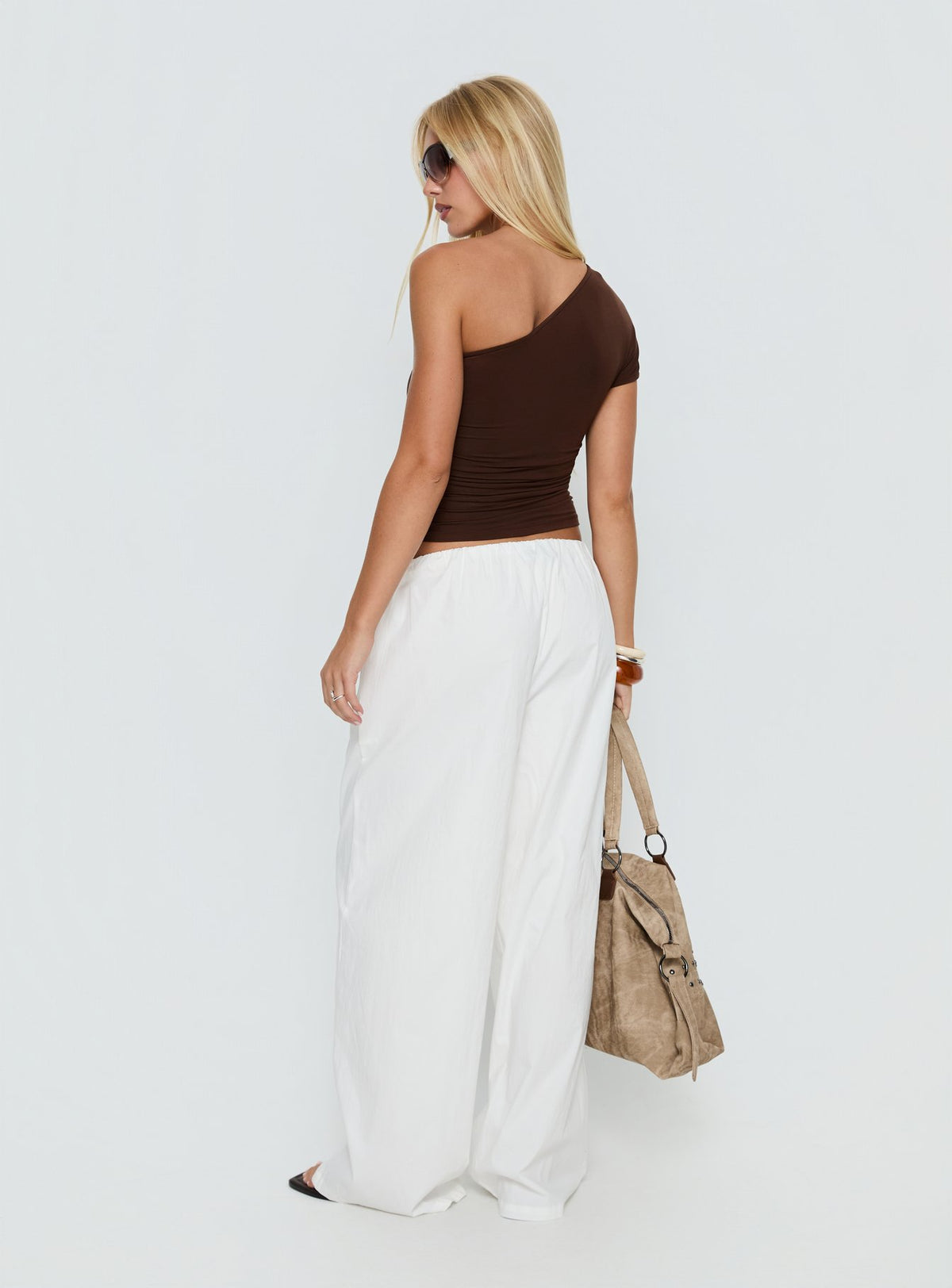 Presenting the Lunea Concealed Waistband Pants White Petite in womens regular pants with high-rise wide-leg on-body view of model wearing