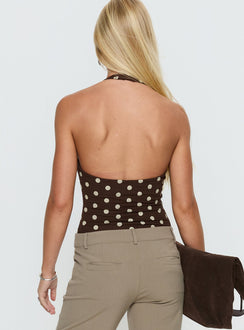 back view of model wearing Princess Polly Someone New Halter Bodysuit Chocolate Polka Sleeveless Bodysuit 