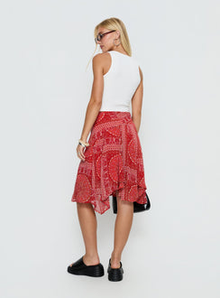 back view of model wearing Princess Polly Raenah Asymmetrical Midi Skirt Red Paisley Skirts 