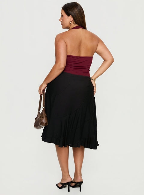 back view of model wearing Princess Polly With Kindness Midi Skirt Black Curve Midi Skirts Skirts 