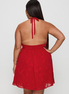 back view of model wearing Princess Polly Moriah Halter Mini Dress Red Curve Plunger 