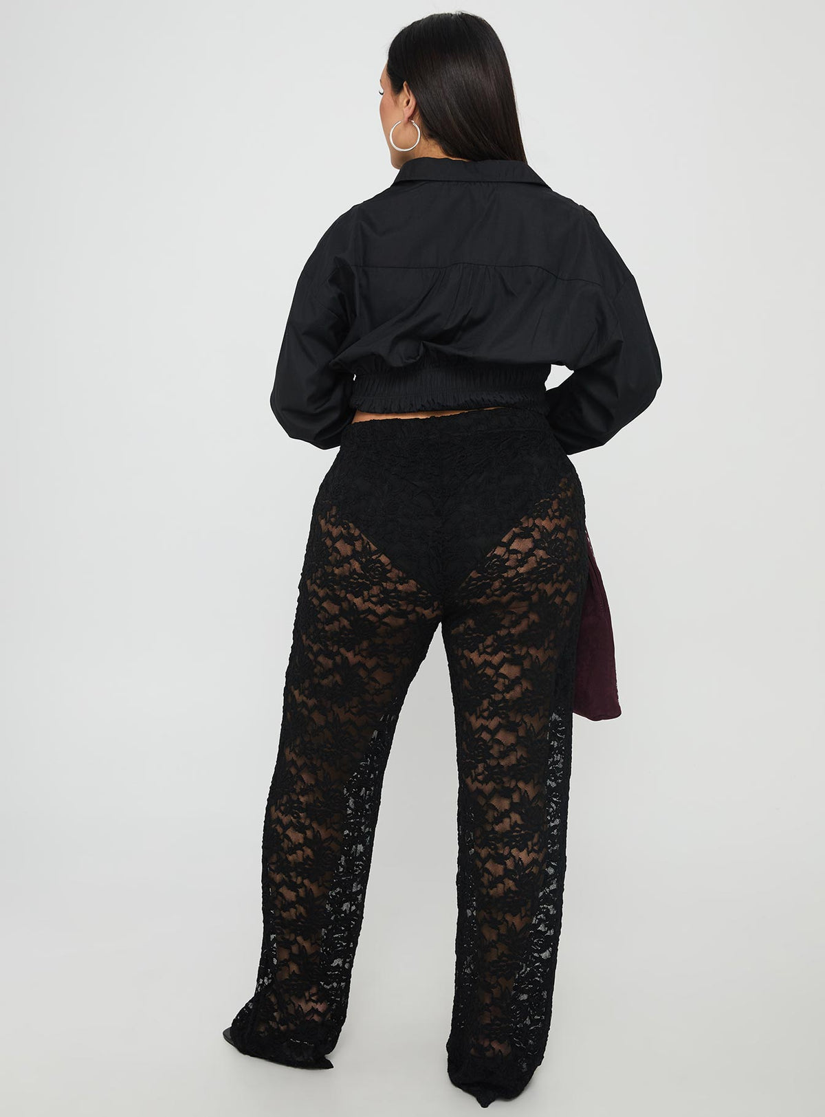back view of model wearing Princess Polly Peru Lace Pants Black Curve High Rise Pants Pants 