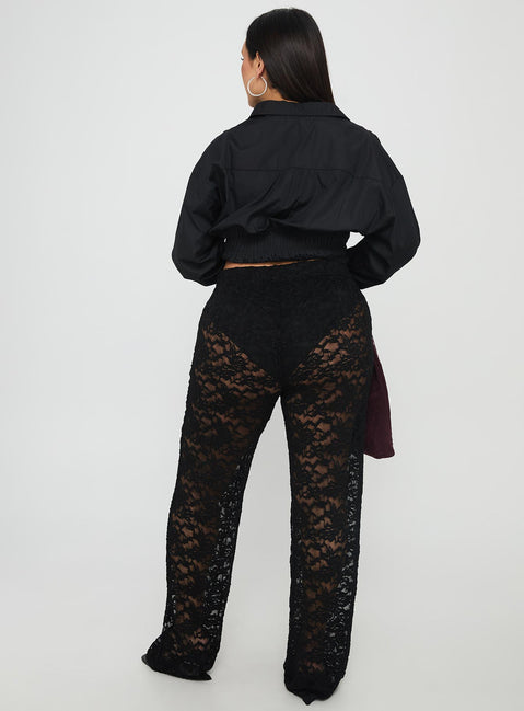 back view of model wearing Princess Polly Peru Lace Pants Black Curve High Rise Pants Pants 