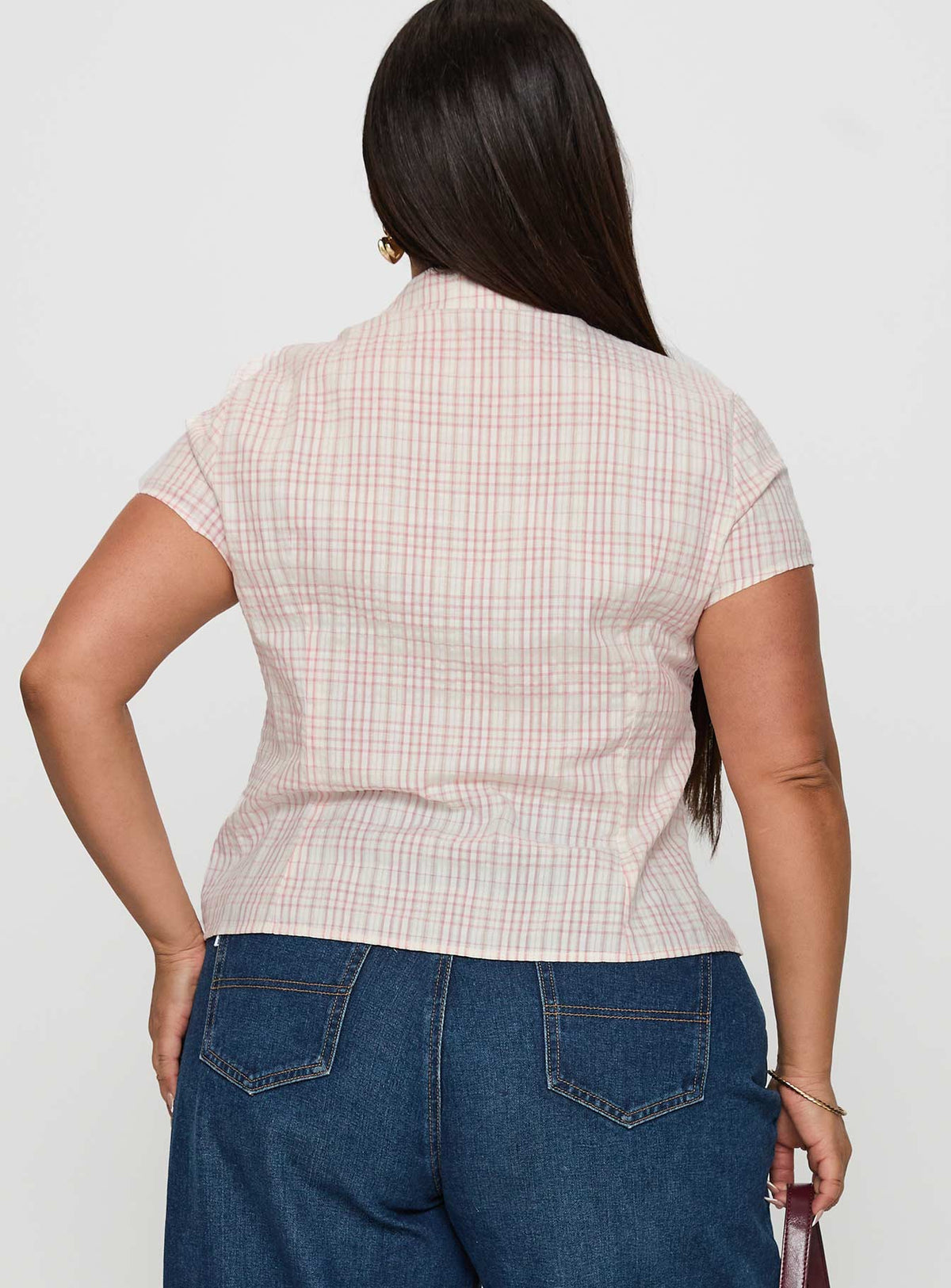 back view of model wearing Princess Polly Cottesloe Blouse Top Pink Check Curve Short Sleeves V-Neck 