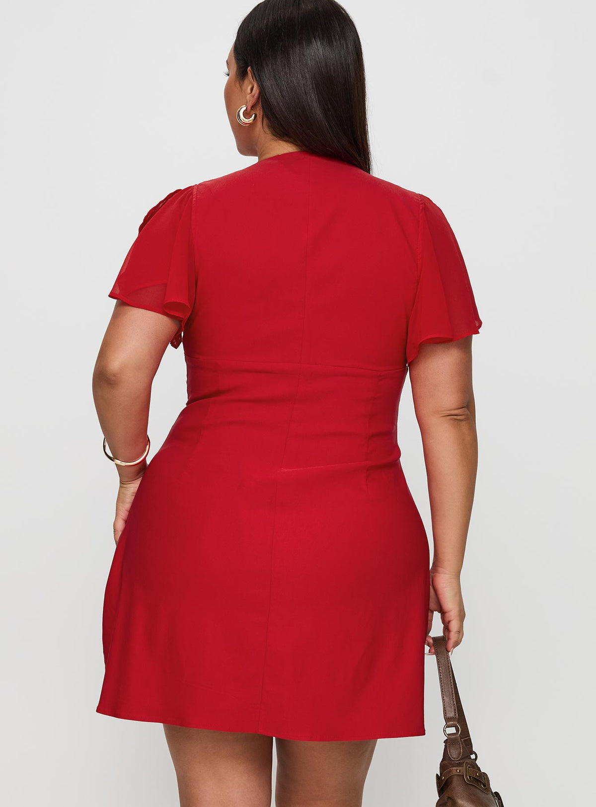 back view of model wearing Princess Polly Florie Corset Mini Dress Red Curve Plunger 