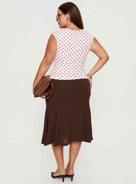 back view of model wearing Princess Polly Lewish Low Rise Midi Skirt Chocolate Curve Midi Skirts Skirts 