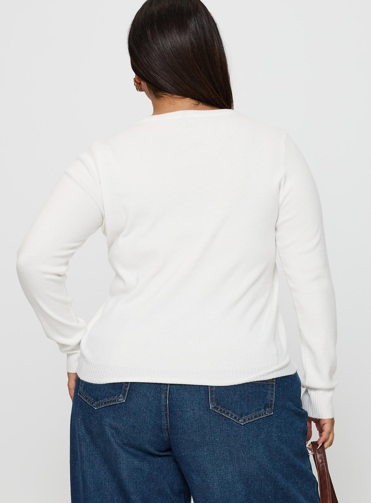 back view of model wearing Princess Polly Lauraine Cardigan White Curve regular Jumpers 