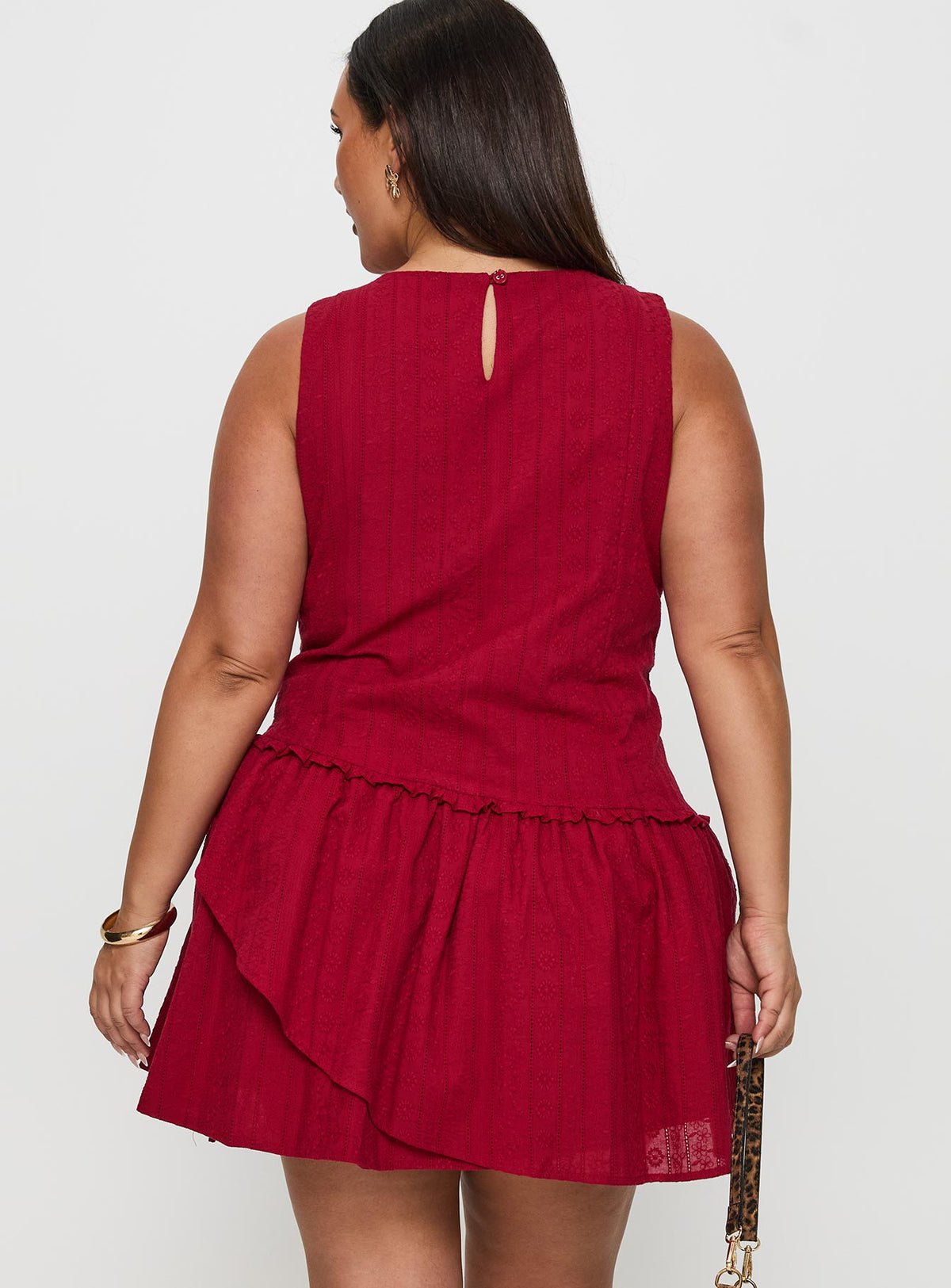 back view of model wearing Princess Polly Cosie Mini Dress Red Curve Crew Neck 