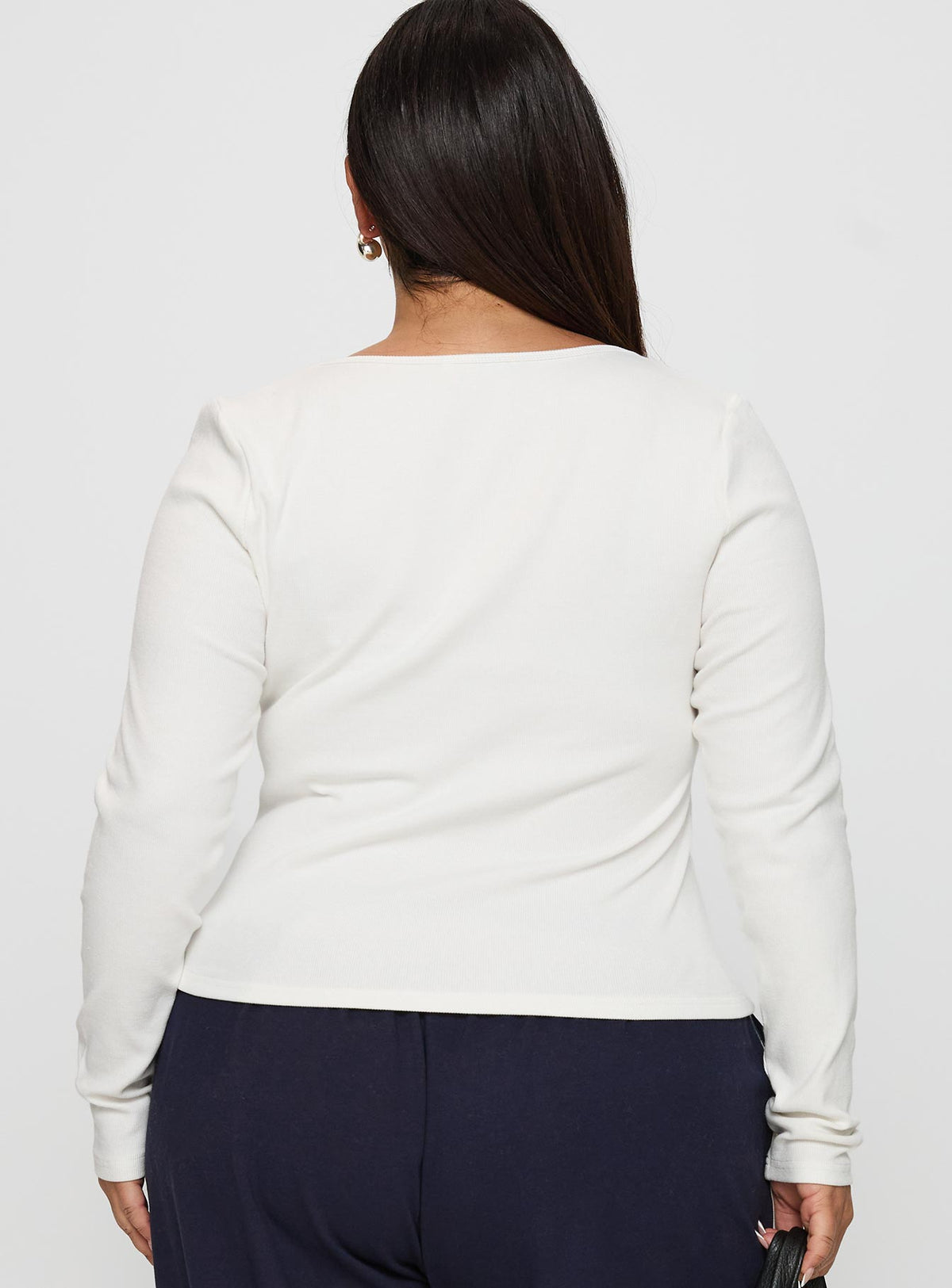 back view of model wearing Princess Polly Baseline Long Sleeve Top White Curve Full Sleeves Square Neck 