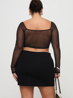 back view of model wearing Princess Polly Karley Low Waist Mini Skirt Black Curve Mini Skirts Skirts 